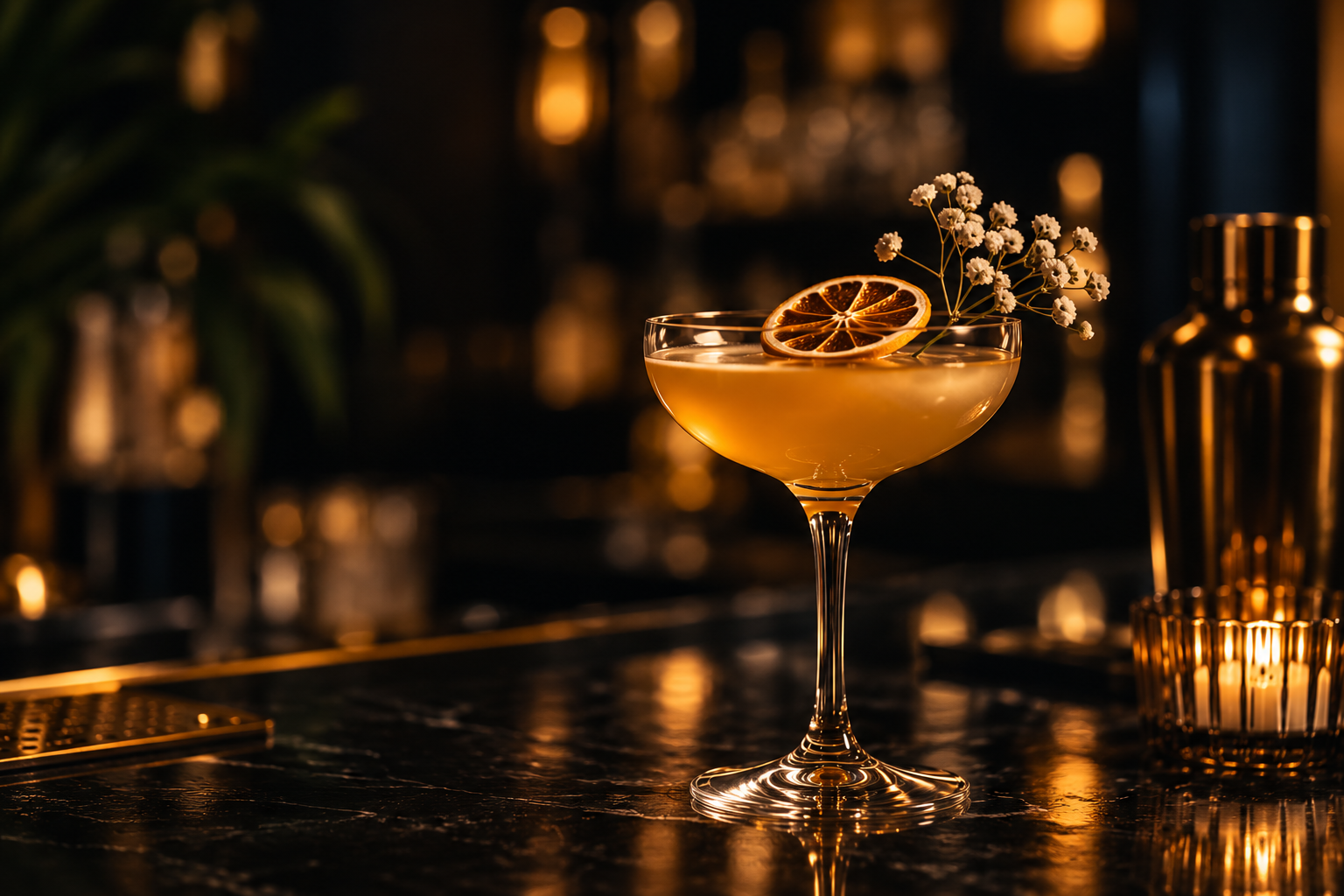 Cocktail élégant et verre garni, ambiance feutrée de bar premium